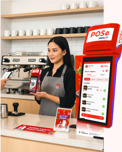 Kasir menggunakan POSe QRSet di kedai